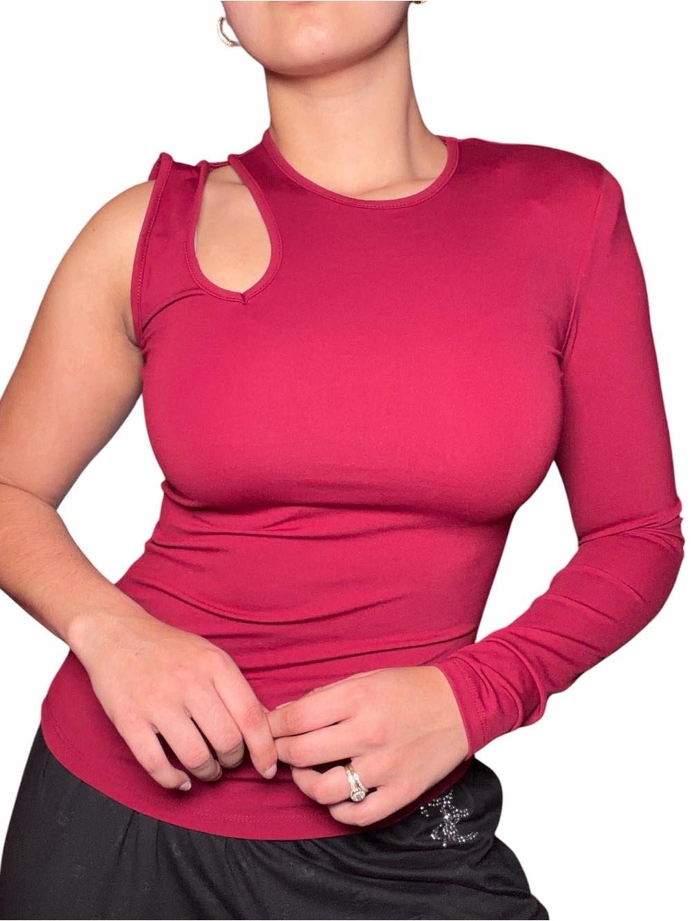 BCBGMaxAzria Burgundy One-Shoulder Cutout Long Sleeve Top